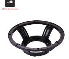 Black cast loudspeaker basket (driver frame) with open vented spokes, seen at an angle on a white background
