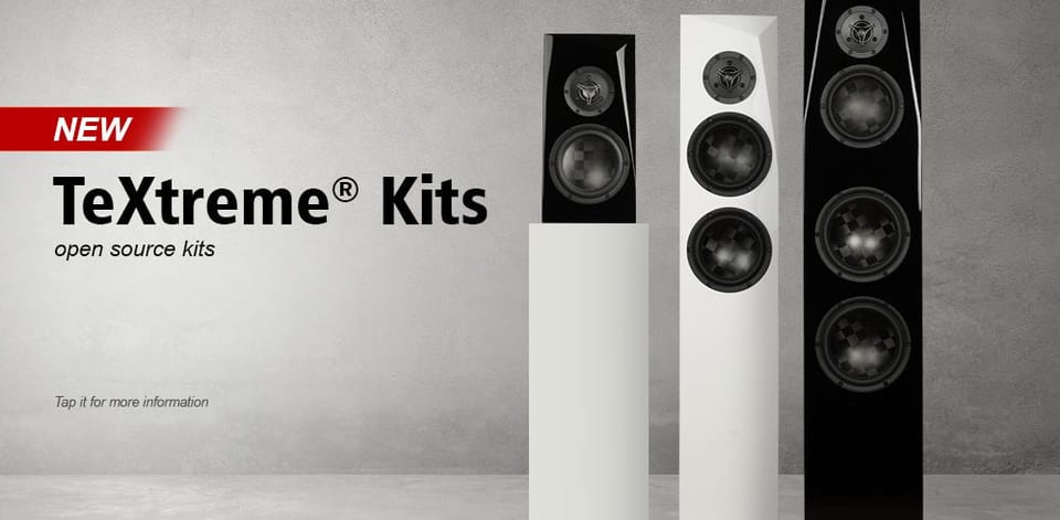 Banner: NEW TeXtreme Kits, open source kits — three floorstanding speakers in gloss black and white
