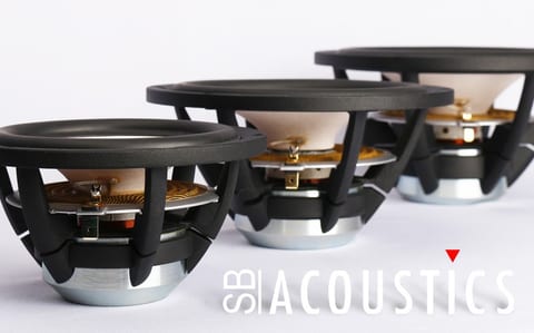 Three SB Acoustics drivers in a row, rear three-quarter view of cast baskets and motors; SB Acoustics logo.