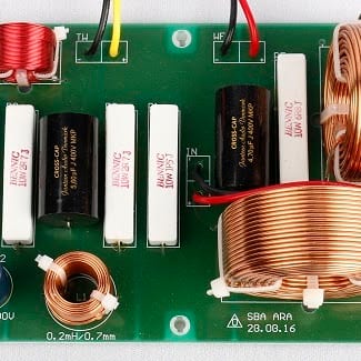 Pre-assembled crossover board labelled SBA ARA, with air-core coils, film capacitors and keyed connectors.