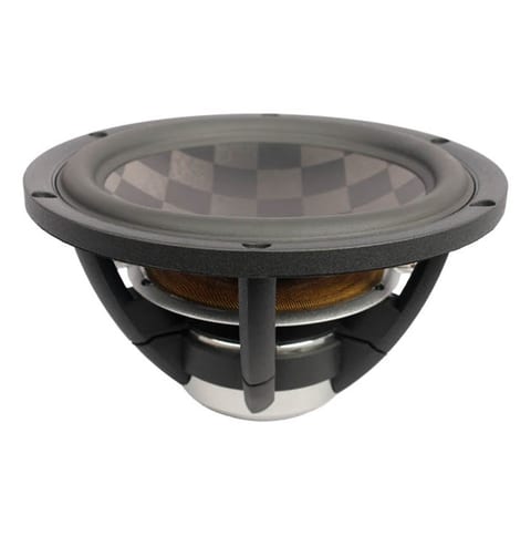 Loudspeaker midwoofer driver, angled view: checkerboard-weave cone, black cast basket, chrome-finished motor.