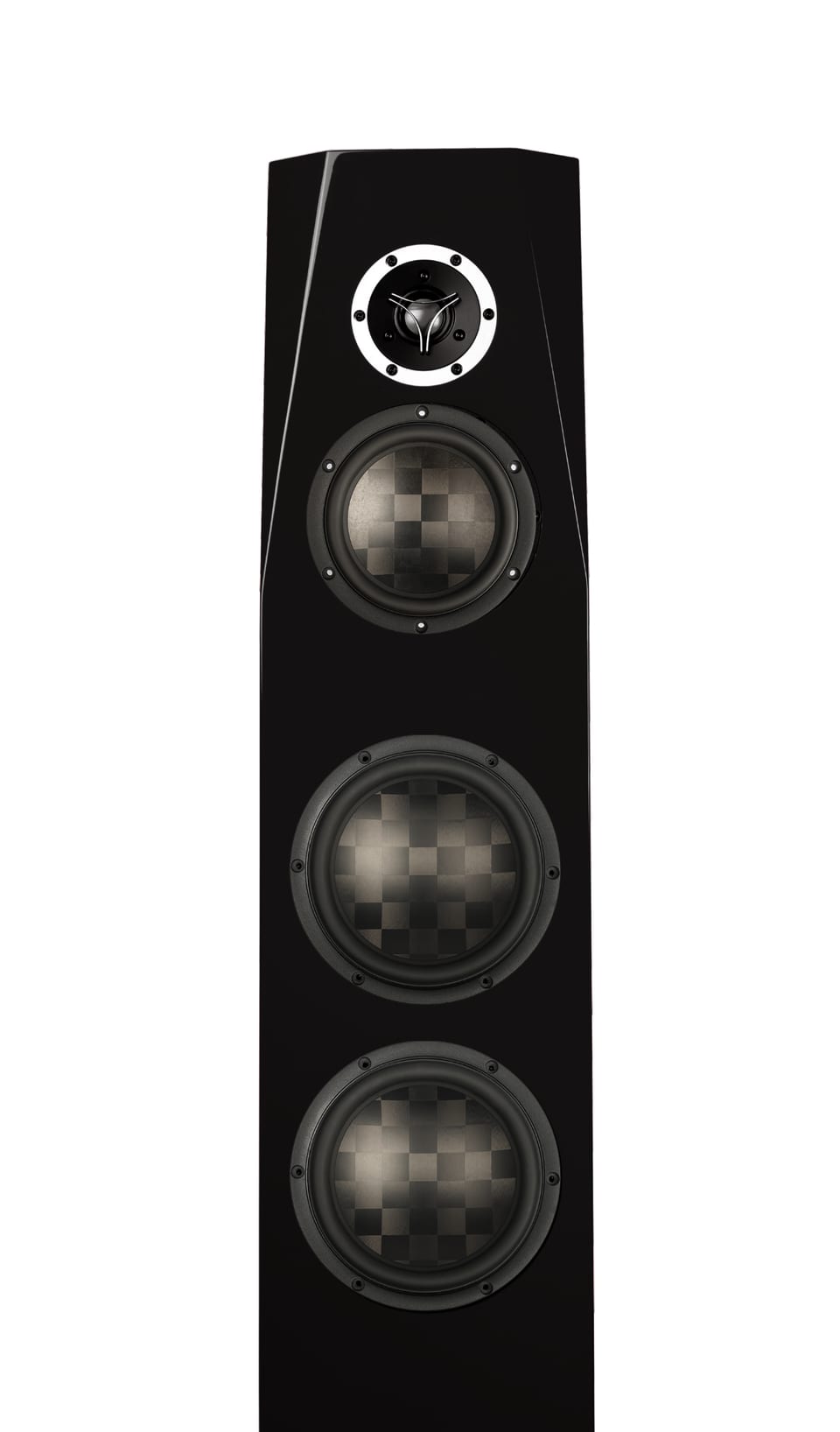 Sasandu TeXtreme floorstander in gloss black, front view: tweeter above three checkerboard-weave carbon cones