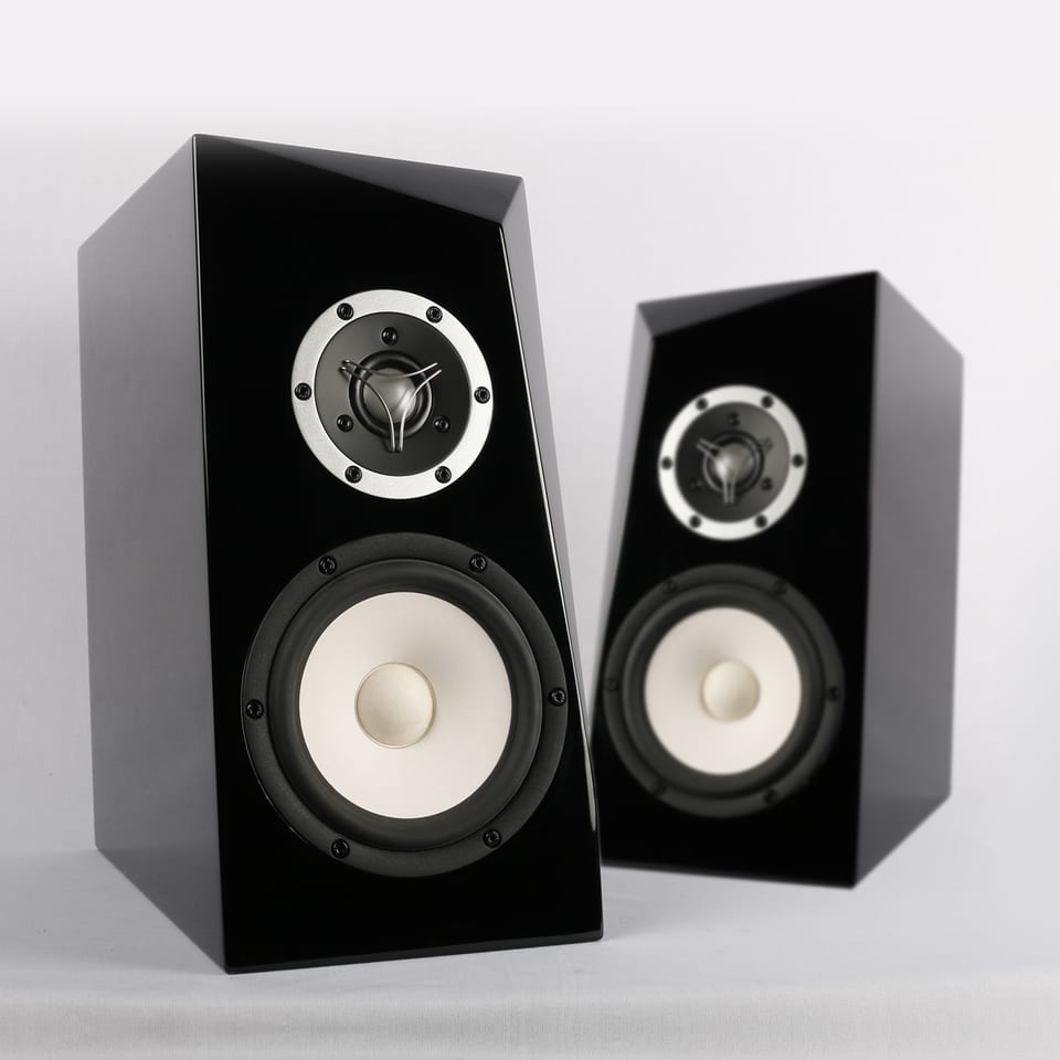 Pair of black gloss two-way bookshelf speakers with slanted baffles, cream cone midwoofers and dome tweeters.