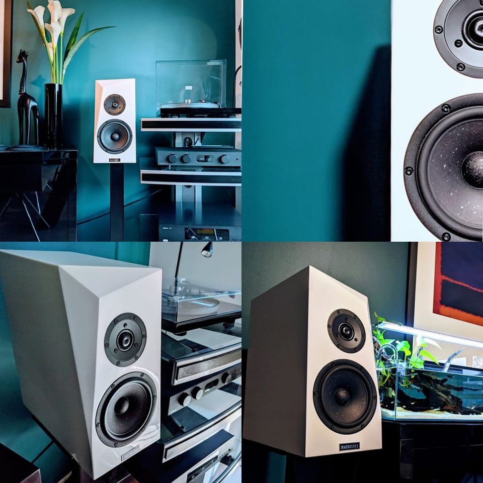 Four-photo collage of a white two-way bookshelf speaker on a stand in a teal room with a turntable and hi-fi rack.
