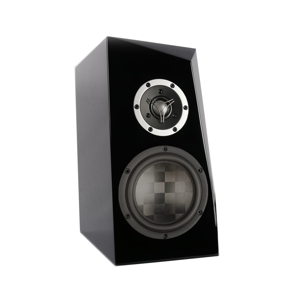 Ara TeXtreme gloss black bookshelf speaker with slanted baffle, woven TeXtreme midwoofer cone and dome tweeter