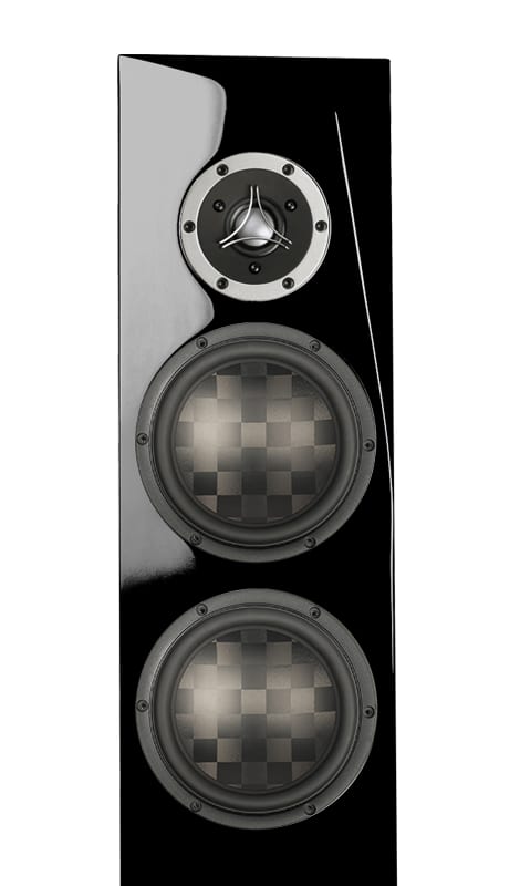 Rinjani TeXtreme floorstander in gloss black, dome tweeter above two woven carbon-fibre midwoofers.