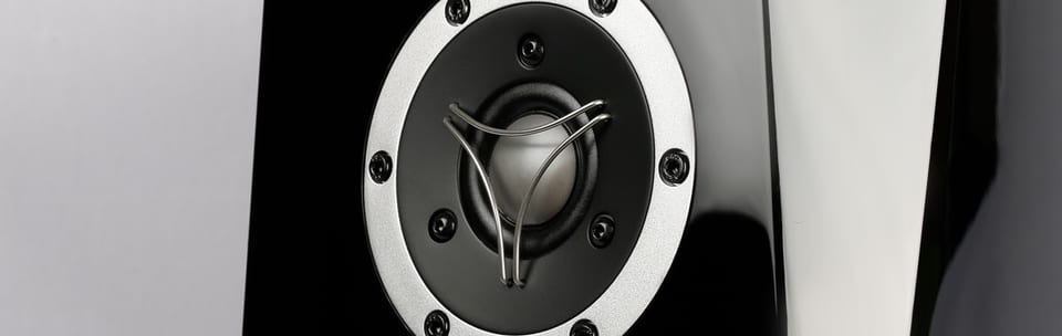 Close-up of the Ara Be tweeter: metallic dome behind a three-arm wire guard, silver faceplate, gloss black baffle.