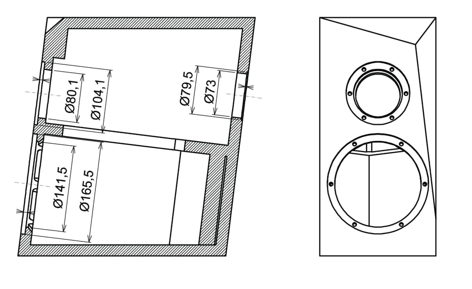 Ara BE cabinet schematic: side cross-section with two internal chambers, plus front baffle with two driver cutouts