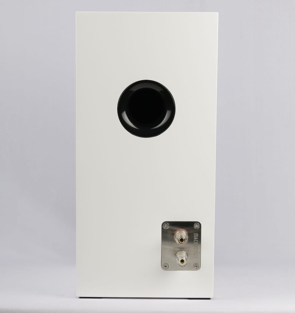 Rear of white Ara Be bookshelf cabinet: flared black port and SB Acoustics plate with two gold binding posts.