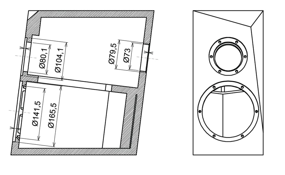 Ara cabinet drawing: cross-section showing slanted internal partition and two chambers, plus front baffle cut-outs