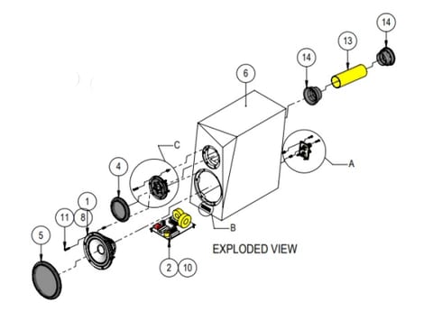 Exploded assembly view: cabinet, tweeter, midwoofer, crossover board, rear port tube and grille, with numbered callouts