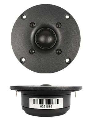 SB26STAC-C000-4 dome tweeter: front view with round faceplate and four screw holes, plus side profile with barcode.