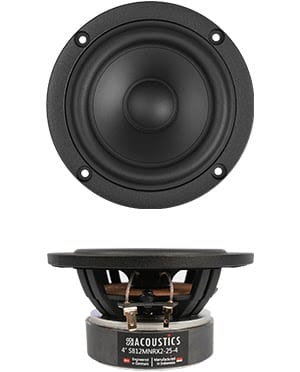 SB Acoustics SB12MNRX2-25-4 4-inch midrange driver, front view above a side profile of basket and magnet