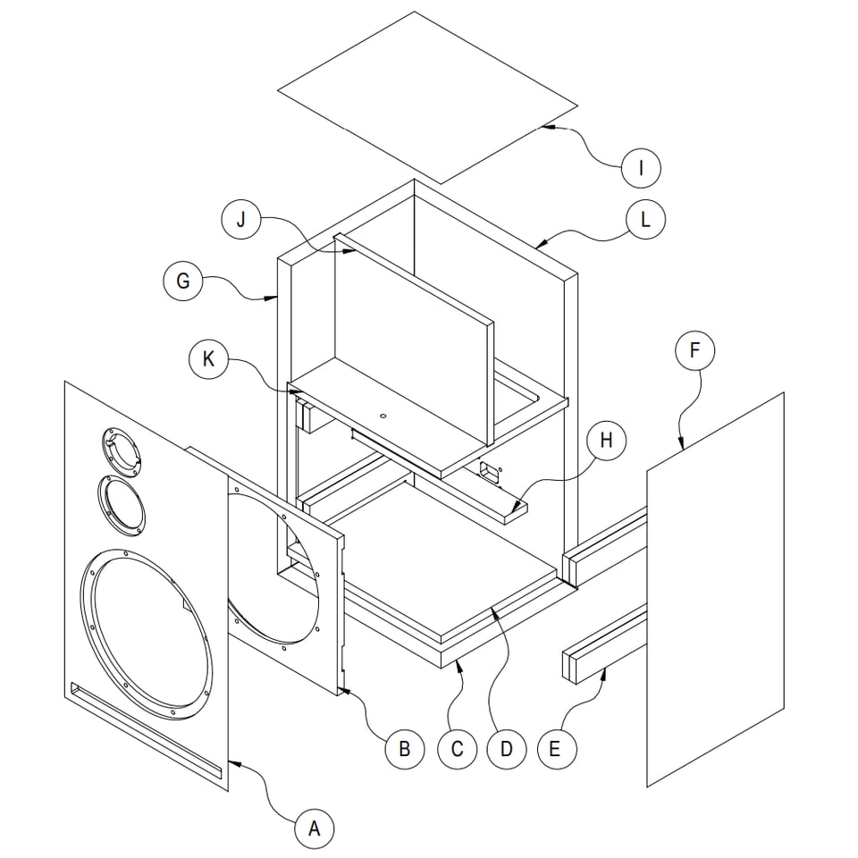 Exploded line drawing of Gema cabinet: baffle with three driver cut-outs and slot port, internal braces, parts labelled A-L.