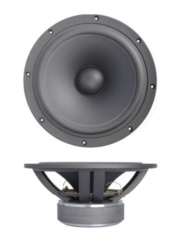 SB34NRXL75-8 12-inch woofer, front view and side profile: grey cone, black dust cap, cast metal frame