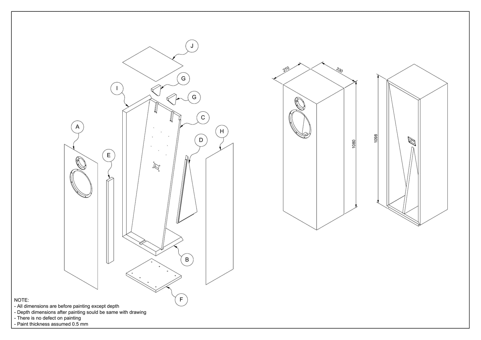 Kinnara exploded assembly drawing: front baffle, side panels, back, top and base separating out from the cabinet, with a slanted internal panel, beside front and side elevations marked 1098 mm high and 330 mm wide.