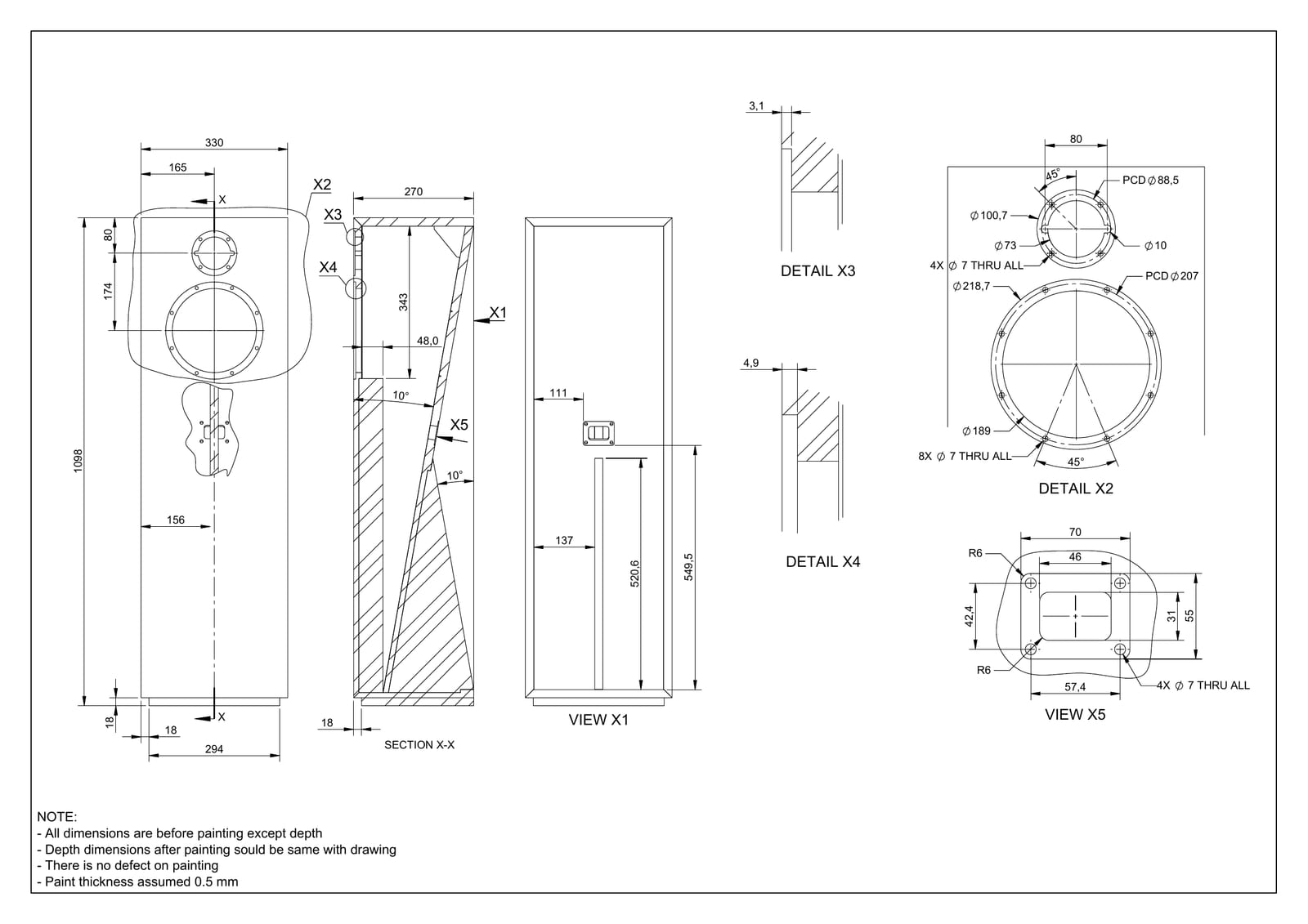 Kinnara engineering drawing: front elevation 330 mm wide and 1098 mm high with 294 mm between 18 mm side panels, a section view showing a 270 mm depth and a 10-degree slanted internal panel, plus rebated cut-out details for the tweeter and woofer.
