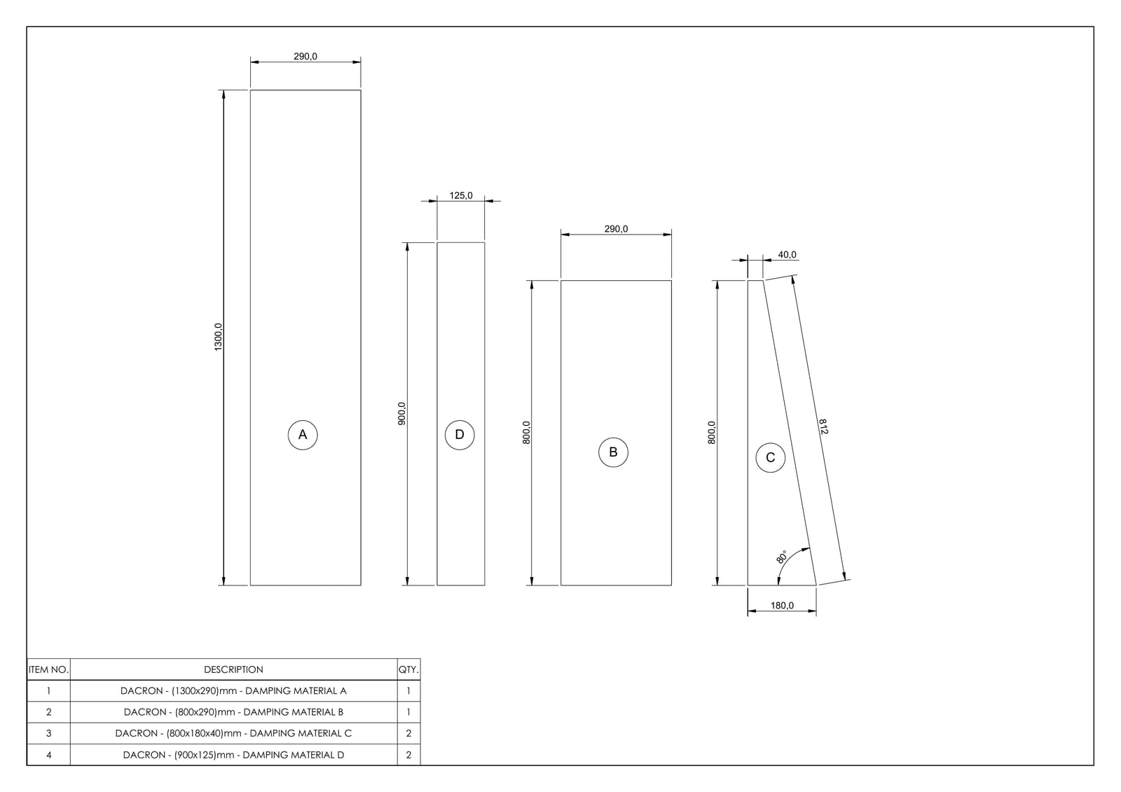 Drawing of four Dacron damping pieces labelled A to D with their dimensions in millimetres, above a parts table listing quantities of one, one, two and two.