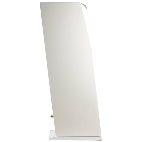 Rinjani Be floorstander in white gloss, side view: tapered cabinet on a plinth, gold binding posts at the rear