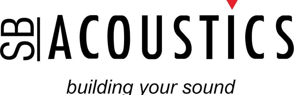 SB Acoustics logo wordmark with red triangle accent and the tagline 'building your sound'