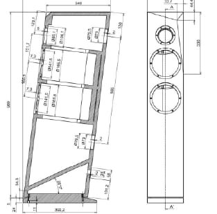 Rinjani Be cabinet drawing: side cross-section with slanted baffle and angled internal partitions, plus front elevation.