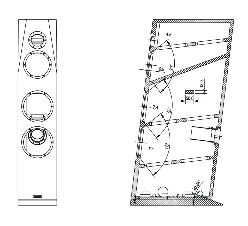 Sasandu cabinet drawing: front baffle with four driver cut-outs and a dimensioned side cross-section
