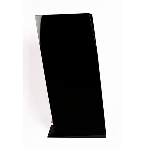 Side view of the black piano gloss Sasandu floorstander, showing the inclined cabinet and plinth base.
