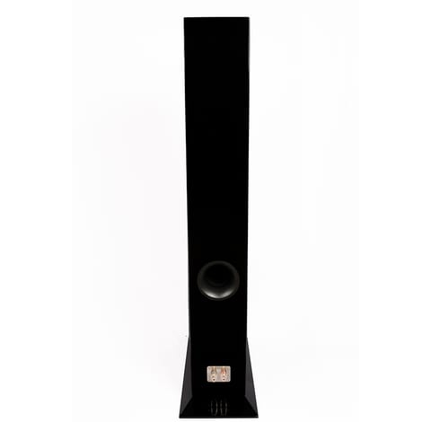 Sasandu floorstander, rear view: gloss black cabinet with circular port and gold binding-post terminals at the base