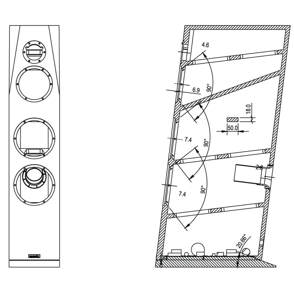 Sasandu TeXtreme cabinet drawing: front baffle with four driver cut-outs and a dimensioned side cross-section