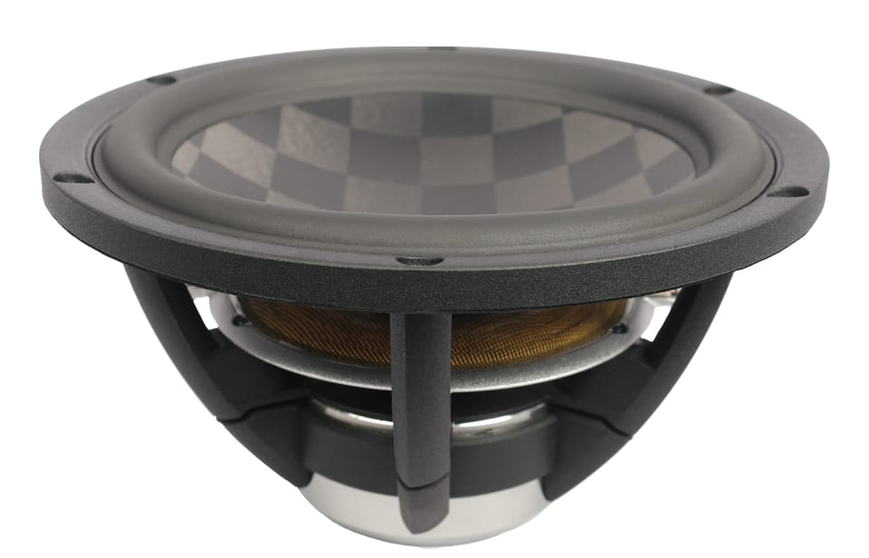 Satori TeXtreme cone driver, angled view: checkerboard woven carbon cone, rubber surround, open-spoke basket.