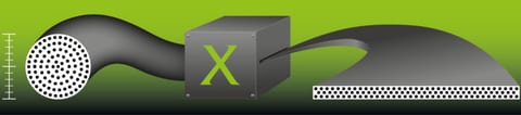 Diagram: a round bundle of fibres passes through a box marked X and emerges as a wide, flat single-layer tape