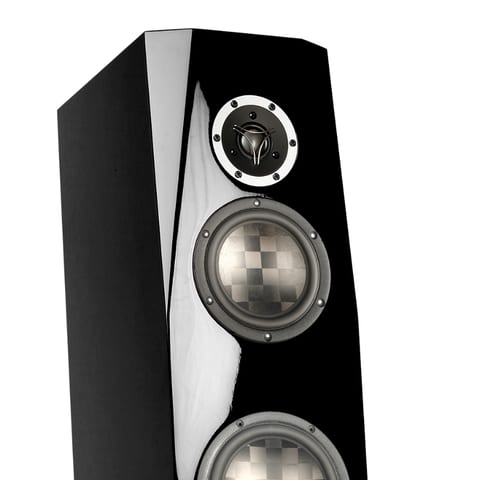 Gloss black Sasandu TeXtreme floorstander, angled view: dome tweeter above checkerboard-weave carbon cones.