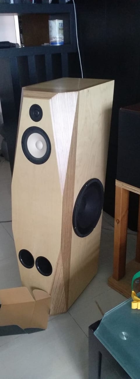 Unfinished plywood floorstander, faceted angled baffle: dome tweeter, cream-cone midwoofer, two oval ports, side woofer