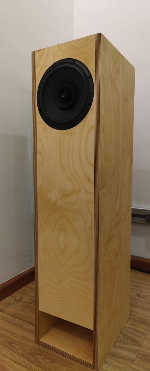 Tall bare plywood Voigt pipe cabinet with a single 8-inch SB Acoustics fullrange driver and a floor-level slot vent